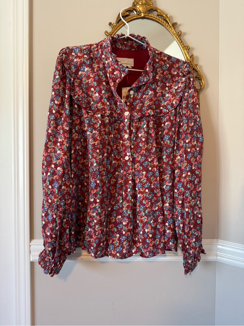 Anthropologie Burgundy Floral Button-Front Blouse